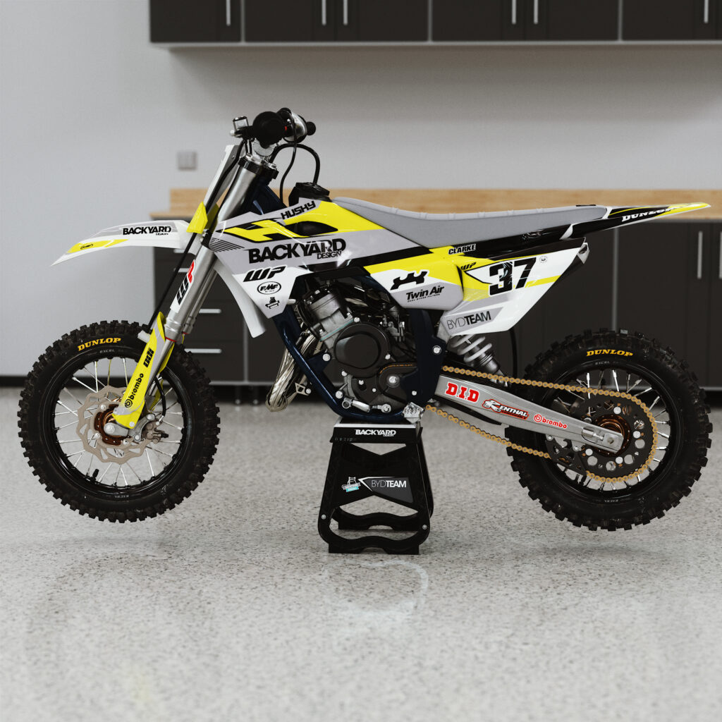 Husqvarna TC65 2024 graphics with black, grey, white and yellow accents